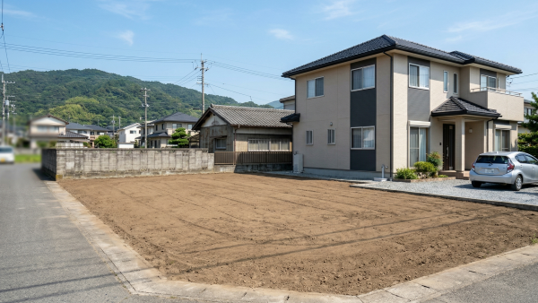 徳島市での住宅建て替えに伴う解体工事完了後の写真。手前に綺麗に整地された更地が広がり、右隣には既存の2階建て住宅が立つ。