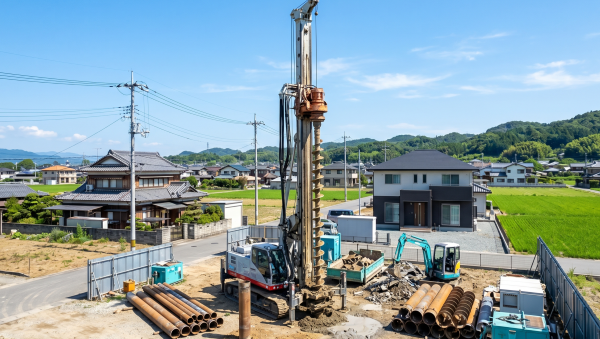 徳島県内の住宅街で行われているオーガーケーシング工法による振動や騒音を抑えた杭抜き解体作業の全景