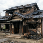 徳島県内の火災被害を受けた木造2階建て住宅。黒く焦げた外壁と損壊した屋根、整理された火災ごみの様子。