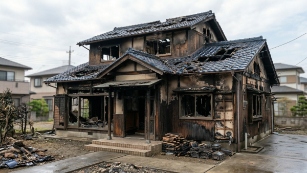 徳島県内の火災被害を受けた木造2階建て住宅。黒く焦げた外壁と損壊した屋根、整理された火災ごみの様子。