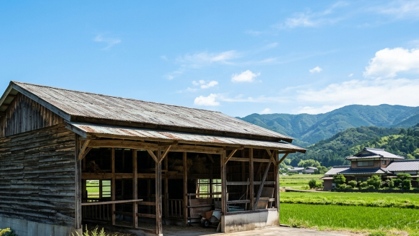 徳島ののどかな田園風景の中に立つ、解体検討中の老朽化した木造牛舎（築50年）