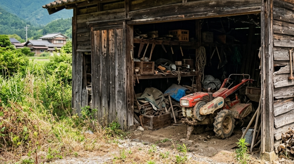 徳島でよくある、古い木の納屋。中には耕運機や大工道具が眠り、解体が検討されているような風景。