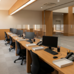 アクリルパーテーションで仕切られた無人のオフィスデスクが並ぶ、長い木製カウンターの補助金窓口エリア