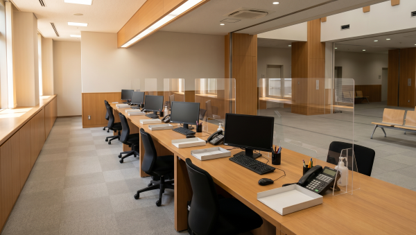 アクリルパーテーションで仕切られた無人のオフィスデスクが並ぶ、長い木製カウンターの補助金窓口エリア