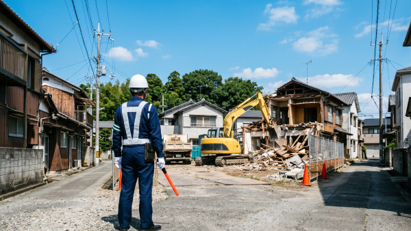 「青空の下、徳島県の住宅街にある解体工事現場で、交通誘導灯を手に持ち、白いヘルメットと紺色の作業服、反射ベストを着用して立つ警備員の後ろ姿。奥では黄色のショベルカーが住宅を解体している。」