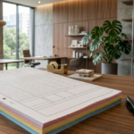 おしゃれなオフィスのデスクに置かれた、解体工事用のマニフェスト伝票とボールペン