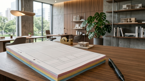 おしゃれなオフィスのデスクに置かれた、解体工事用のマニフェスト伝票とボールペン