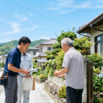 徳島県の住宅街で、青空の下、解体業者のスタッフ2名が近隣住民の男性へ挨拶と説明を行い、粗品を渡している様子。