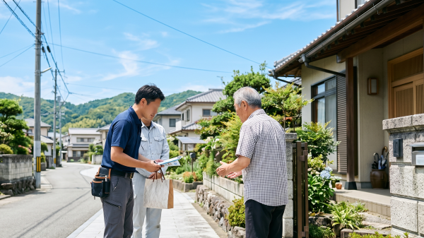 徳島県の住宅街で、青空の下、解体業者のスタッフ2名が近隣住民の男性へ挨拶と説明を行い、粗品を渡している様子。