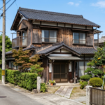 徳島の住宅街にある築50年の木造二階建て一軒家。青空の下に建つ weathered な木の壁と瓦屋根の家屋と電柱の風景。