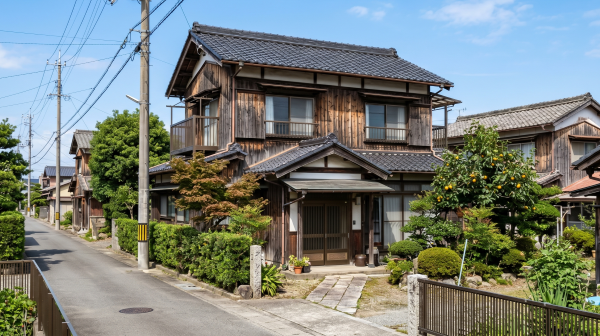 徳島の住宅街にある築50年の木造二階建て一軒家。青空の下に建つ weathered な木の壁と瓦屋根の家屋と電柱の風景。