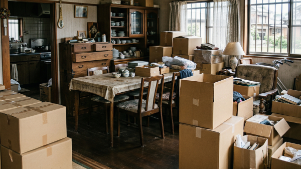 徳島市や阿南市で解体工事前に行われる遺品整理の様子。段ボールにまとめられた荷物と室内の風景。