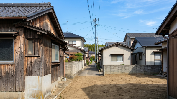 徳島によく見られる住宅街の狭い路地で、解体工事後にきれいに整地された更地と青空の風景