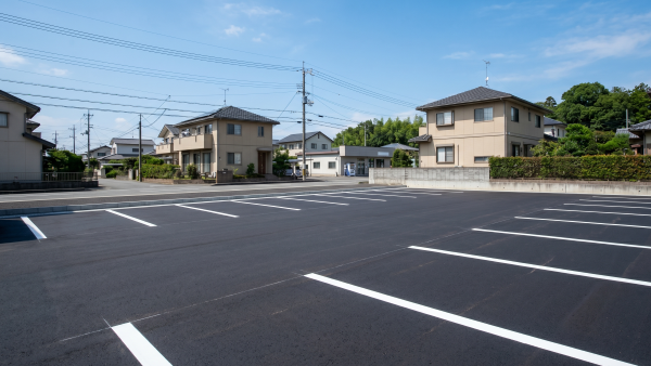 解体後アスファルトの舗装工事をして駐車場にした写真