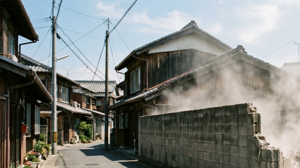 住宅街でブロック塀の解体工事中に発生する激しい粉塵と埃でトラブルが起こりそうな様子