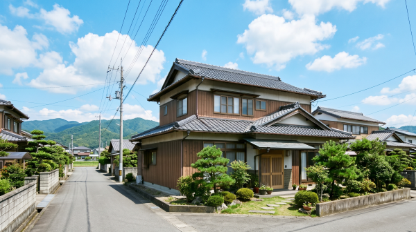 青空の下に建つ、徳島の典型的な木造2階建ての一軒家と周辺の住宅街の風景