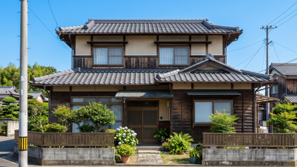 徳島の住宅街にある、青空を背にした伝統的な木造二階建ての一軒家。解体前に重要な準備を進めている。手前には電柱とアジサイの咲く外構。