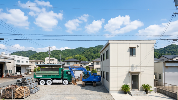 徳島の青空の下に佇む清潔感のある許可のある解体業者の事務所と重機・ダンプカーの風景