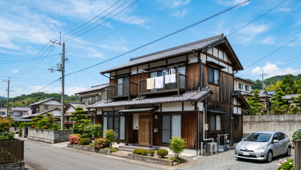 青空の下に立つ、木造2階建ての日本の住宅の写真。徳島県の特徴的な風景が描かれている。