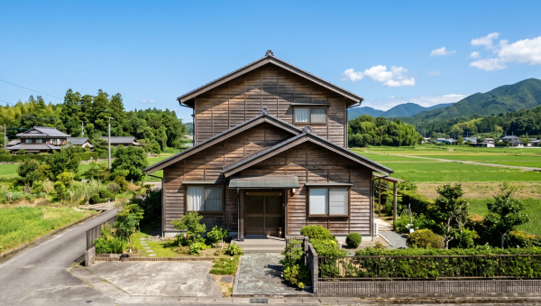 青空の下、田んぼに囲まれた場所にある、徳島の市街化調整区域によく見られる解体前の木造2階建ての一軒家。