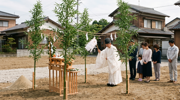 解体後、新築を着工する前に地鎮祭を行っている様子。