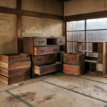解体前の室内、衣類、布団などを撤去して、木製の空っぽの残置物だけにした様子