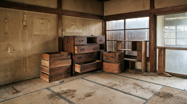 解体前の室内、衣類、布団などを撤去して、木製の空っぽの残置物だけにした様子