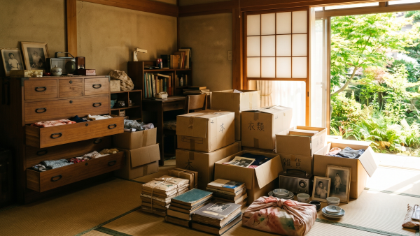 夏の日差しの中、遺品整理をする様子
