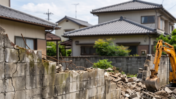 家解体の際、古く老朽化したブロック塀も撤去している様子