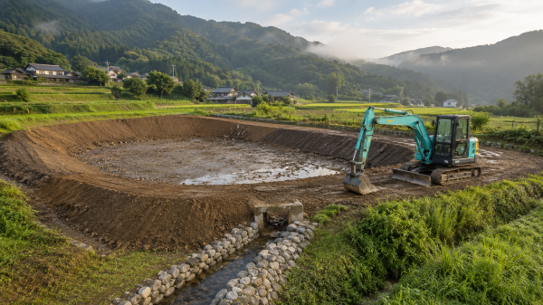 ため池の水を抜いて解体しようとしている様子