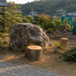 庭石と伐採した後の切株も撤去しようとしている様子。