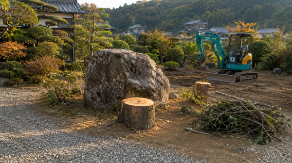庭石と伐採した後の切株も撤去しようとしている様子。
