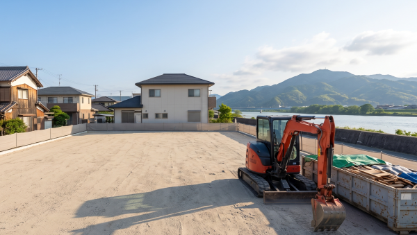 解体後、写真のような更地にする為には木造2階建てで2週間くらいの期間を見ておいた方が良い。