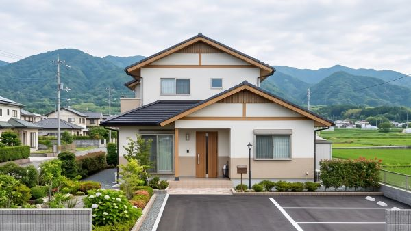 建物と駐車場のアスファルトが並ぶ、住宅の敷地全体を引いて撮った写真