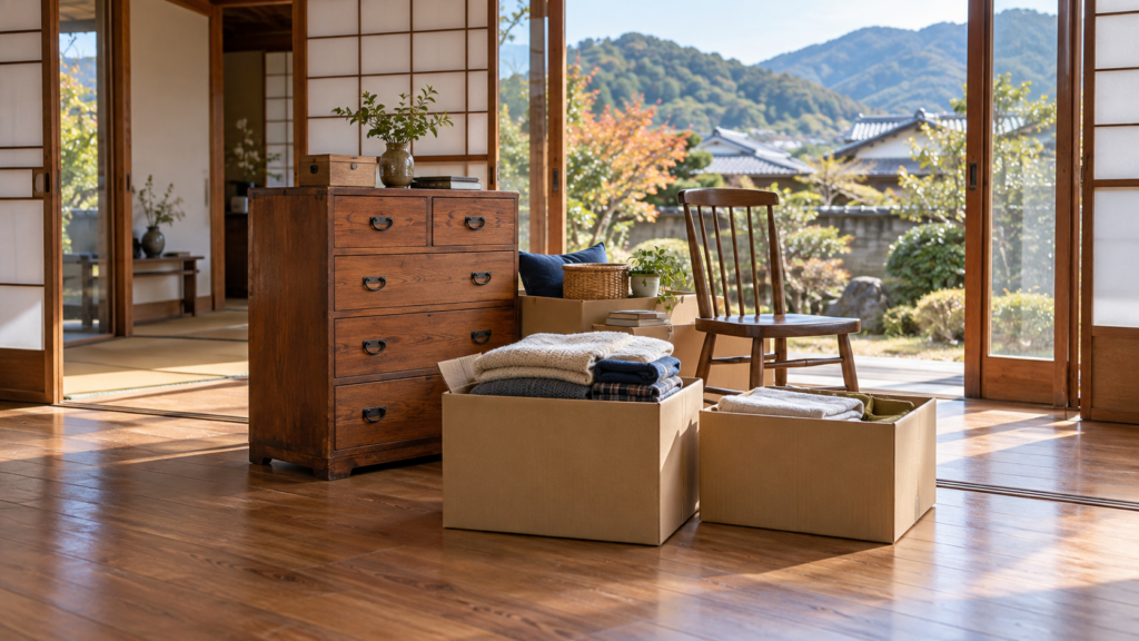 不要品を集めて不用品回収に出そうとしている時の様子。